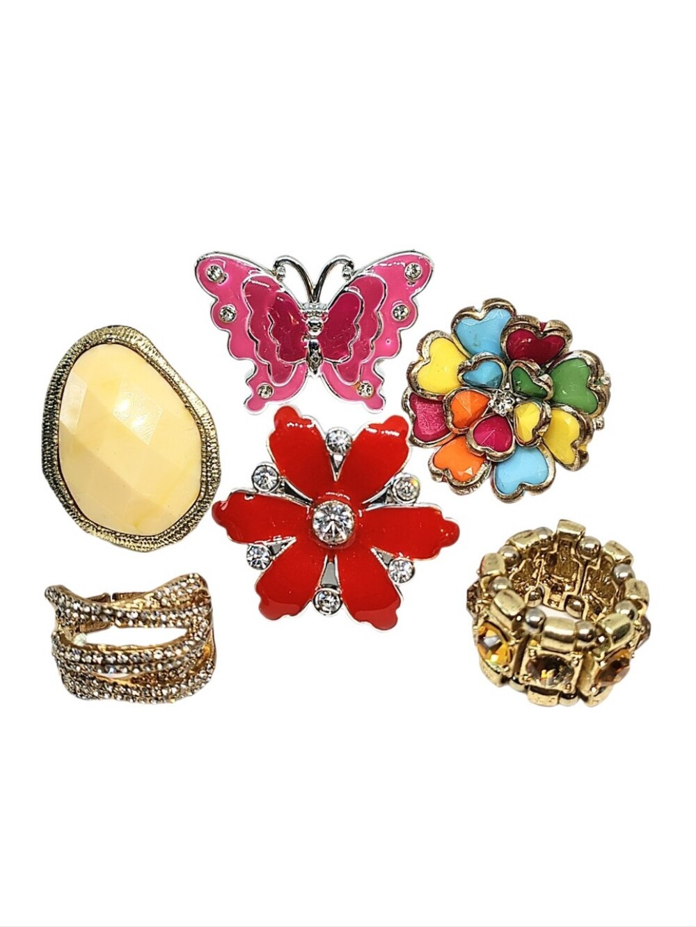 💗 6pc Fashion Chunky Stretchy Rings Rhinestone Fancy Costume Cocktail Ring Lot